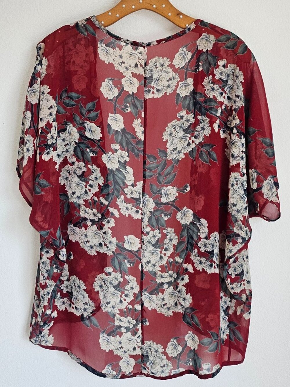 Elle CLO Red Floral Sheer Boho Kimono Cardigan Open Front Medium - Picture 3 of 9
